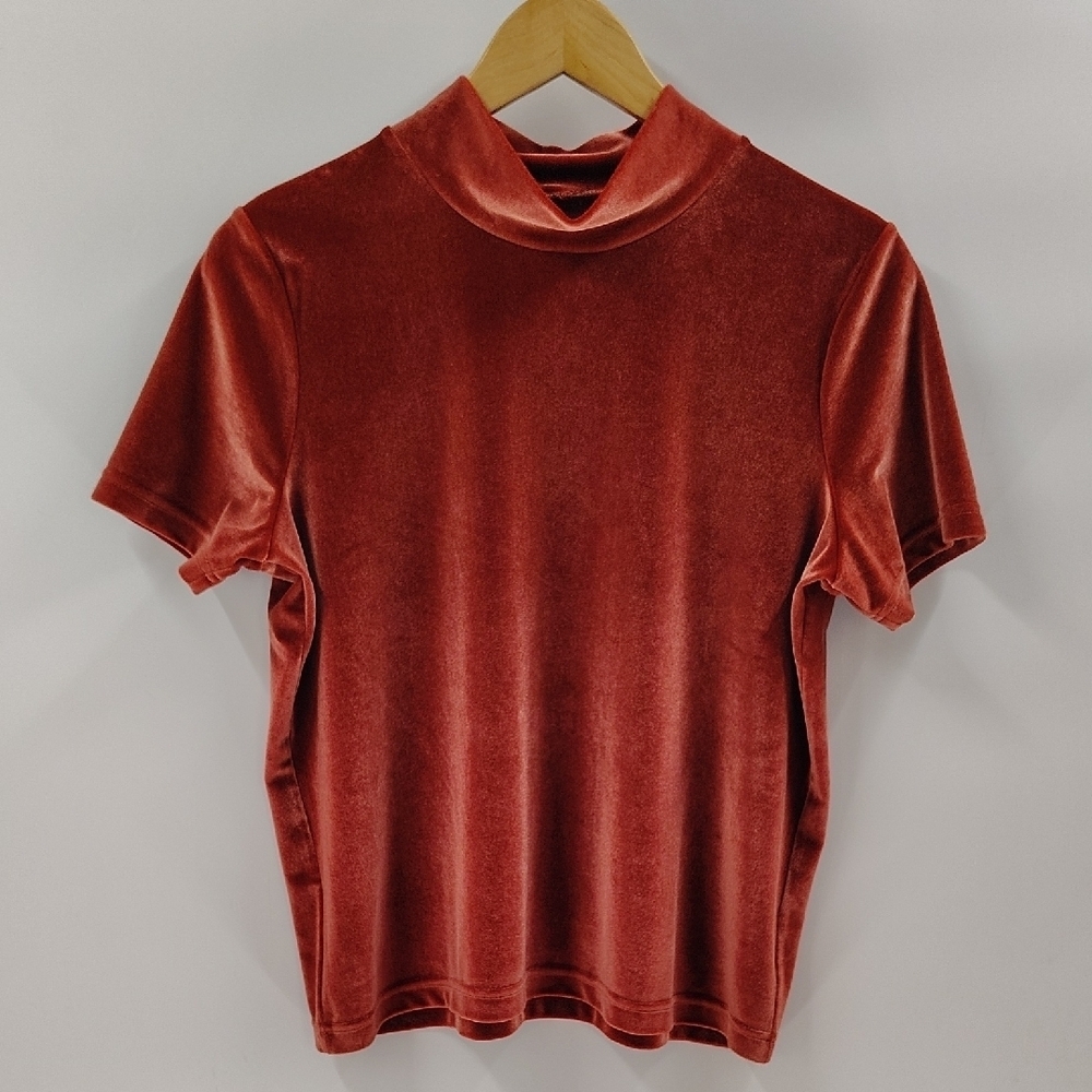 Madewell Top Size Medium Rust Velour Short Sleeve Mock Neck Fall Color
